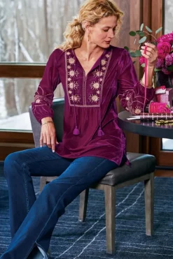 Best Soft Surroundings Evelyne Embroidered Velvet Tunic MagentaPurple