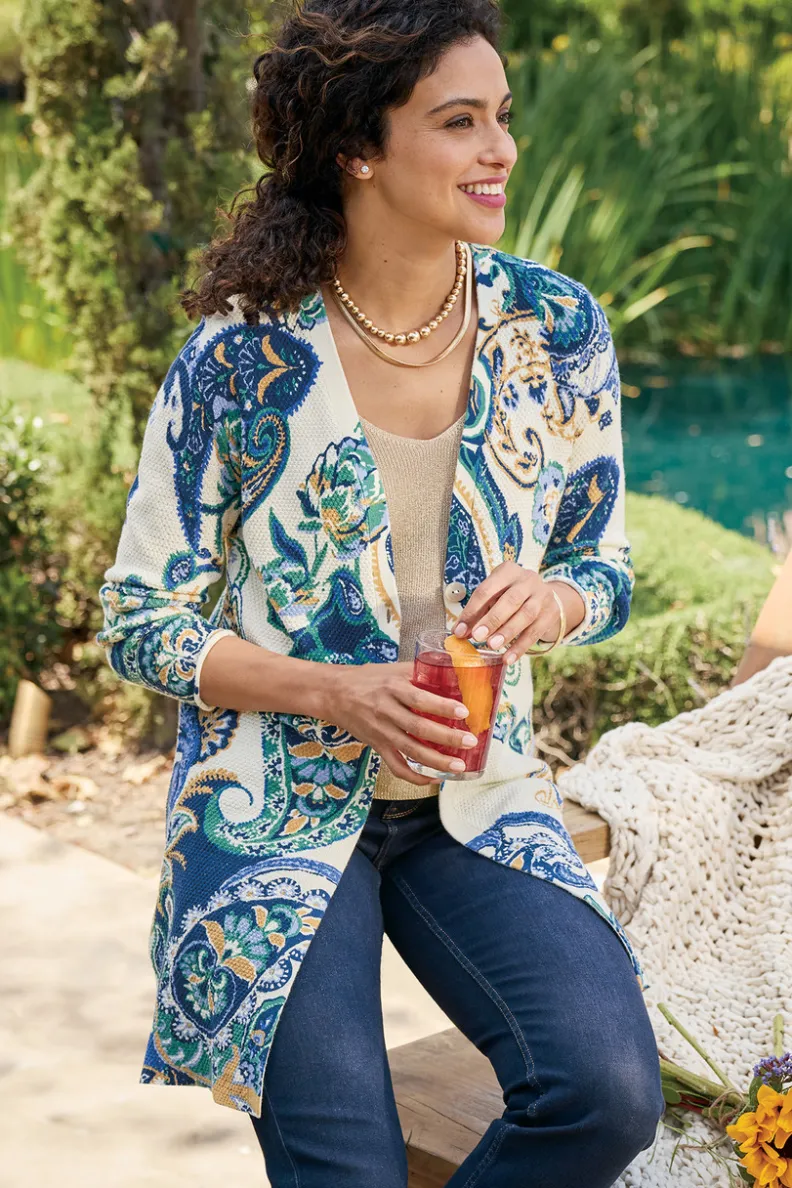 New Soft Surroundings Marin Cardigan AutumnPaisleyScarfBlue