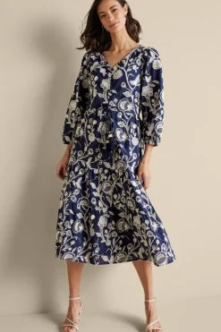 Clearance Soft Surroundings Tilda Embroidered Midi Dress Navy